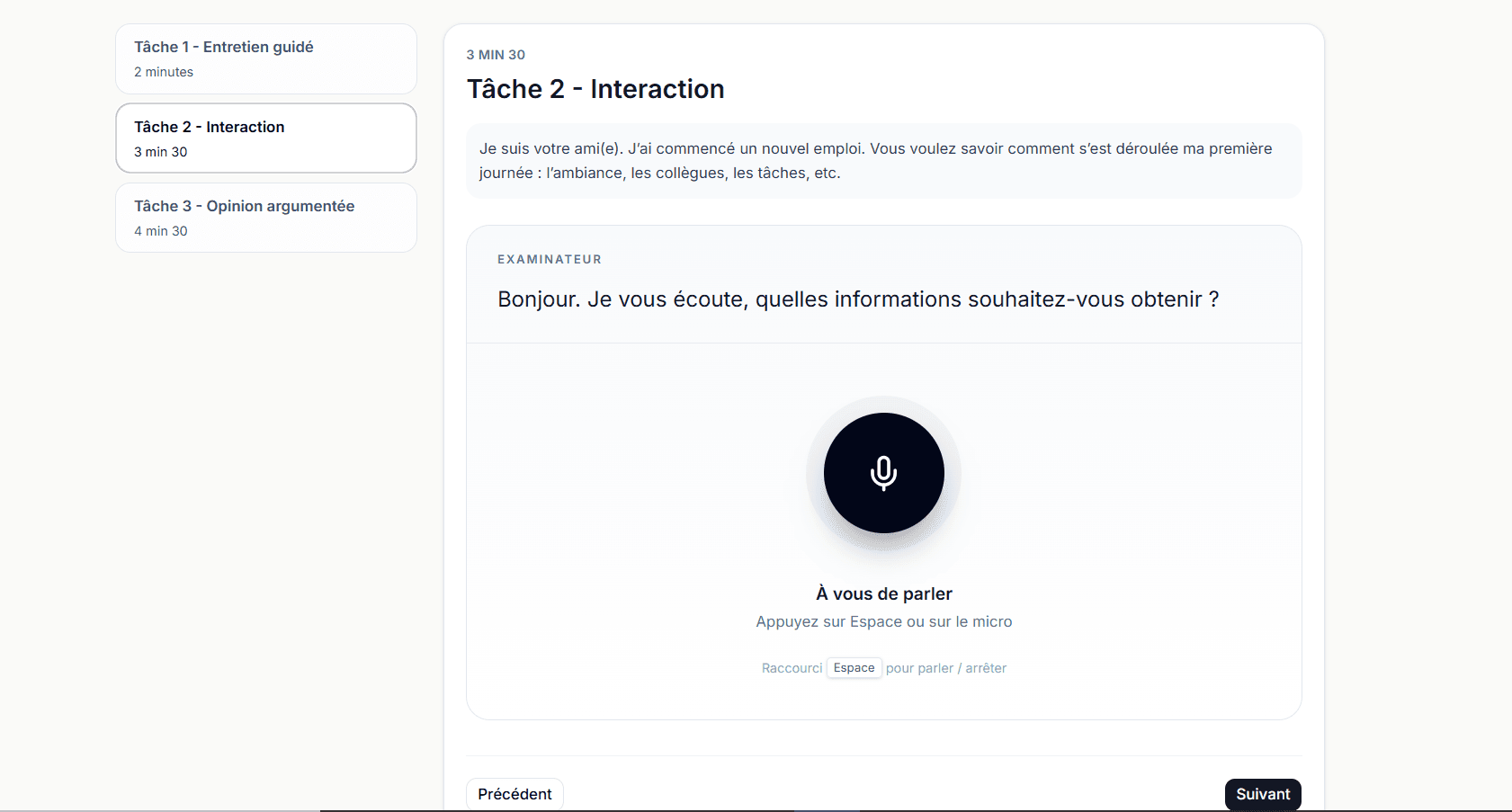 Interface du simulateur d'expression orale TCF Canada : tâche 2 interaction, micro et message de l'examinateur